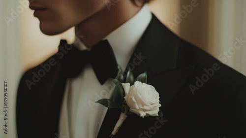 Obraz na płótnie Elegant groom dressed in black tuxedo with white rose boutonniere w salonie