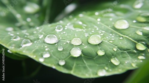 Fresh green cabbage with water droplets resting on its leaves.