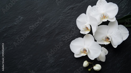 Obraz na płótnie Elegant white orchids rest on a textured black background. w salonie