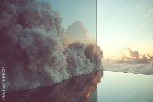 Massive clouds reflect in a glassy surface,  creating a surreal, tranquil scene at sunrise or sunset.  A wall of clouds hugs the edge of a calm body of water, mirrored perfectly in the glass