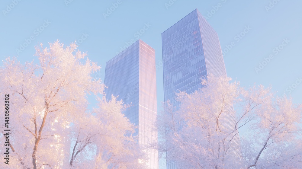 Modern skyscrapers in serene winter cityscape