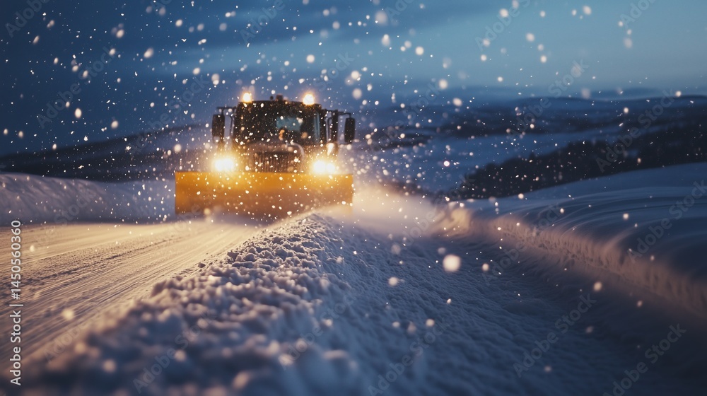 Snowplow clearing a road during a nighttime snowfall