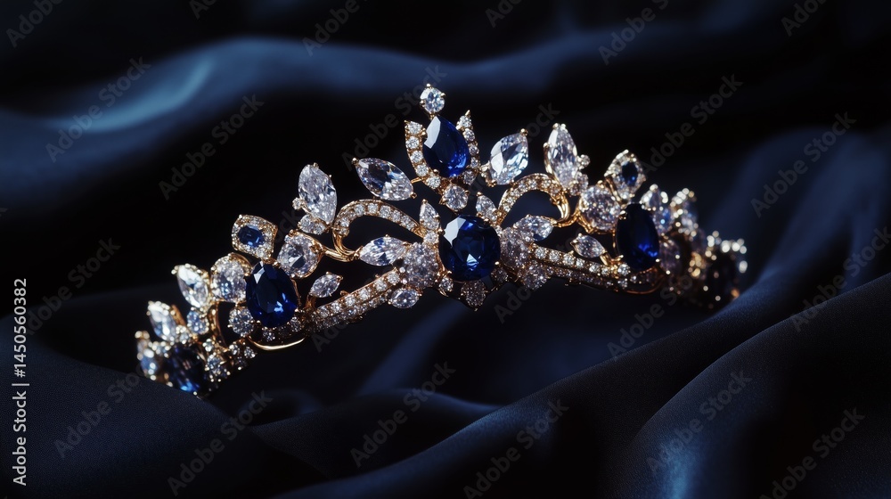 Gold tiara with blue gemstones on dark blue silk