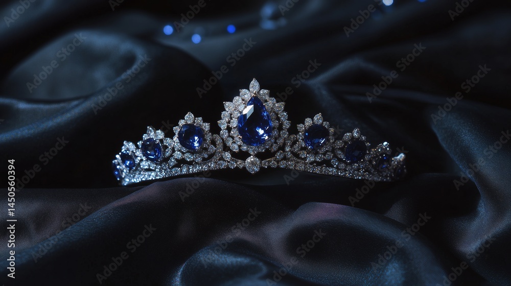 Gold tiara with blue gemstones on dark blue silk