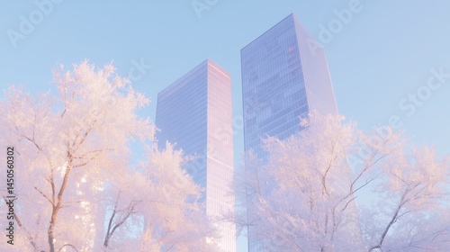 Obraz na płótnie Modern skyscrapers in serene winter cityscape w salonie