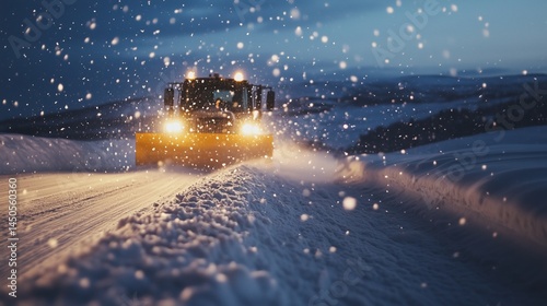 Obraz na płótnie Snowplow clearing a road during a nighttime snowfall w salonie