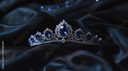 Obraz na płótnie Gold tiara with blue gemstones on dark blue silk w salonie