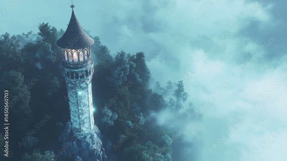 Tower in misty green forest with dense trees