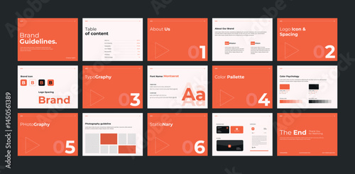 Landscape branding guideline template, Brand guideline manual, Presentation template for brand identity, Minimal logotype guideline layout.