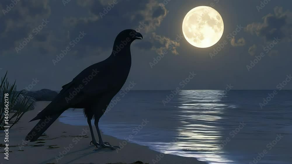 Silhouette bird moonlight beach
