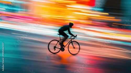 Silhouette of a cyclist in motion through a vibrant urban landscape.