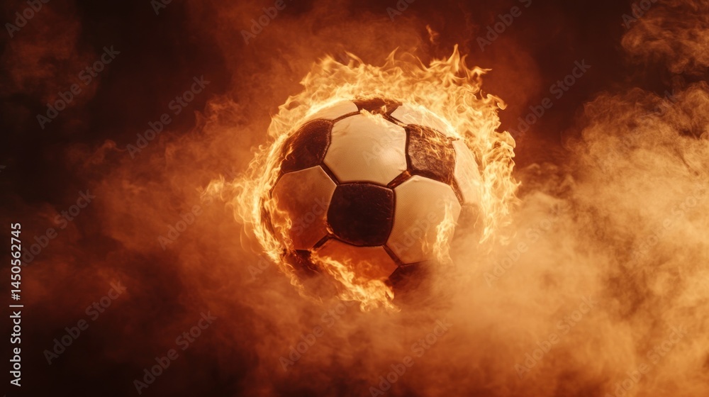 Fototapeta premium Flaming soccer ball on dark background