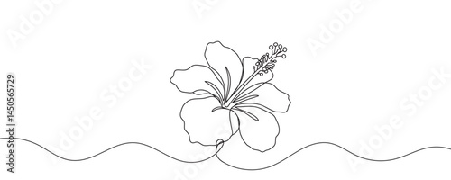 Hibiscus flower in one continuous line drawing. Floral abstract hawaiian symbol, summer and vacation. Vector illustration
