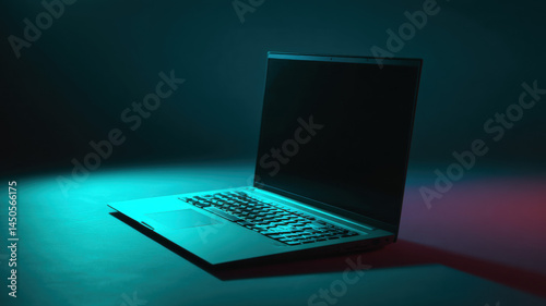 Laptop glowing on minimal dark background — a detailed and modern 3D-style concept ideal for tech visuals, infographics, marketing materials, and futuristic digital presentations.