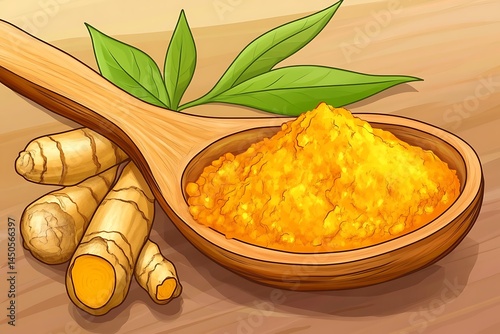 Organic turmeric powder and fresh curcumin root on wooden spoon for natural health benefits