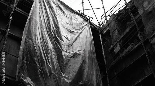 Gray plastic sheeting covering a construction site.