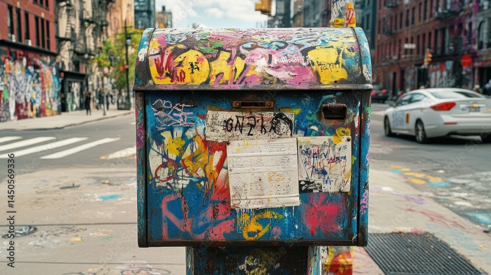 Obraz premium Urban mailbox adorned with colorful graffiti art in a city street.
