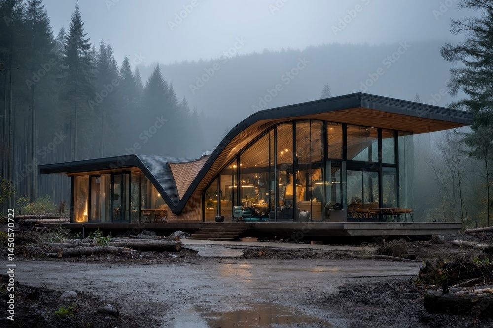 Obraz premium Modern Architectural Structure in Serene Forest Clearing