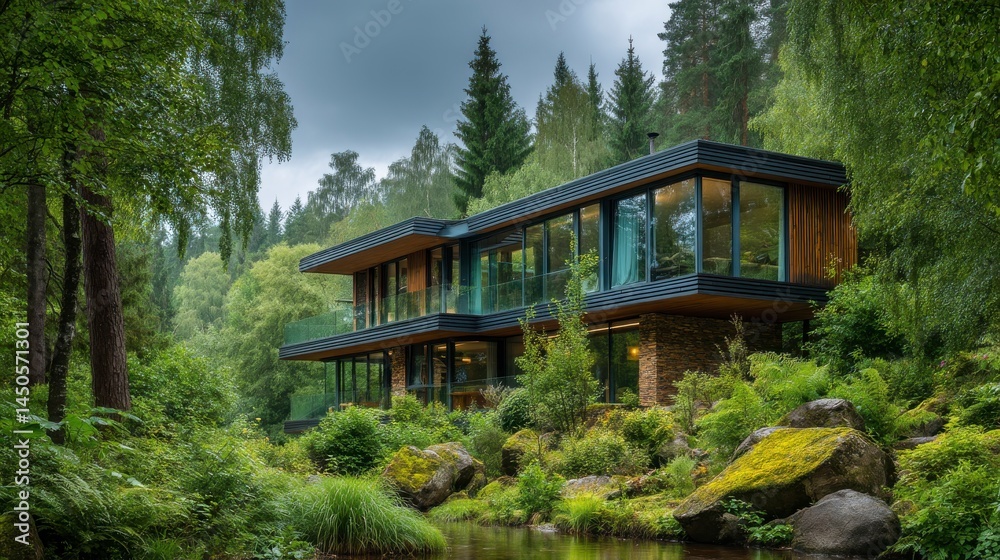 Fototapeta premium Modern Residence by Forest Edge Under Cloudy Sky