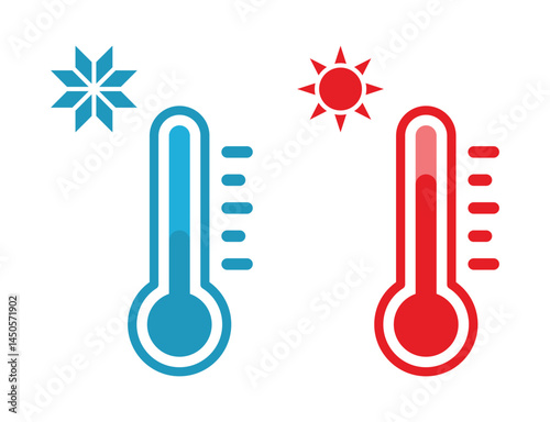 Cold and hot thermometer vector icon in blue and red art color. Hot and cold temperature measurement symbol on white background. Vector illustration