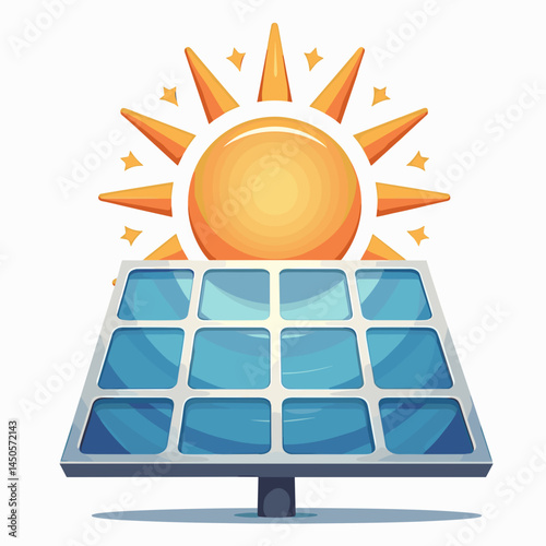 Solar panel absorbing sunlight with a bright sun backdrop  