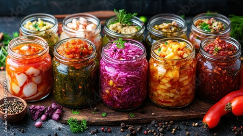 Assorted jars of fermented and preserved foods.  Various colorful pickled vegetables, fruits, and sauces in glass jars, displayed on a wooden board.  Healthy, homemade, and delicious options