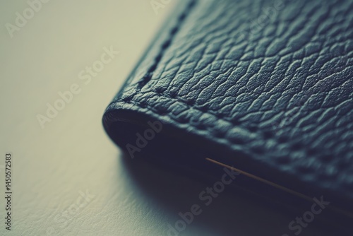 Close-up view of a dark navy leather wallet.  The textured surface of the leather and the stitching are prominent features. The wallet edge is in focus