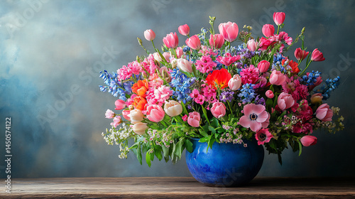 still life of vibrant spring flower bouquet on wooden table