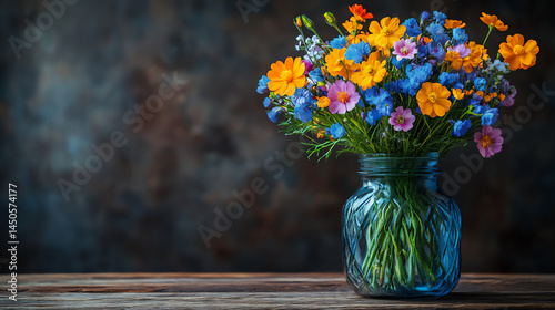 still life of vibrant spring flower bouquet on wooden table