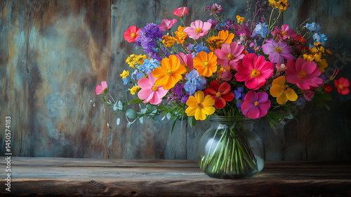 still life of vibrant spring flower bouquet on wooden table
