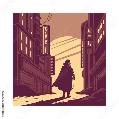 Lone Wanderer in a Neo-Noir Cityscape at Dusk – Retro Futuristic Style Illustration.