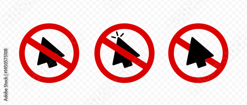 No click. Not allowed click computer mouse. Ban and prohibited. Arrow mouse