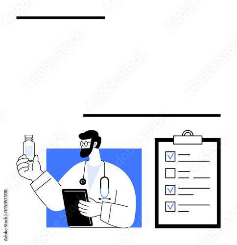 Healthcare professional examining medication alongside a clipboard with checklist. Ideal for medical consultation, drug safety, prescription, health checklist, doctor advice, pharmacy, simple landing