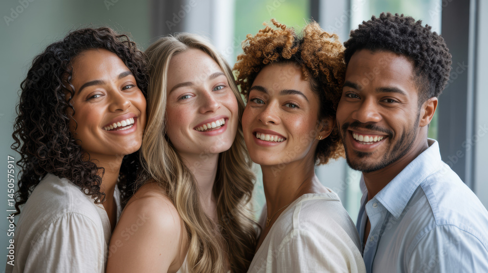 Multiracial individuals smiling warmly, radiating joy and connection in a vibrant, clean composition.
