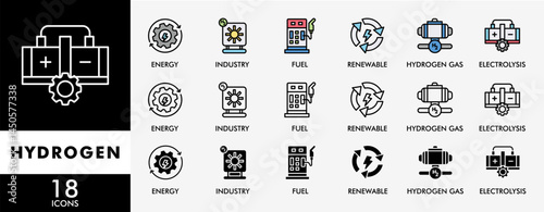 HYDROGEN icon set with various styles and colors energy, renewable, electrolysis, hydrogen gas, industry, fuel
