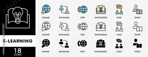 E-LEARNING icon set with various styles and colors online, seminar, exchange, voip, knowledge, chat, study and download
