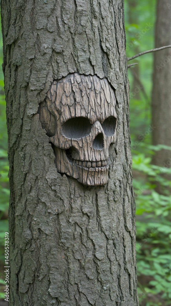 Fototapeta premium Wood skull embedded tree trunk, forest background.