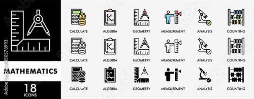 MATHEMATICS icon set with various styles and colors calculate, algebra, geometry, measurement, counting, analysis and educate