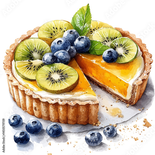 illustration of Fresh Fruit Tart With Cream Filling, watercolor vector, isolated on a white background.