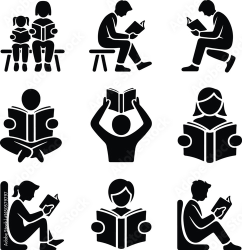 People Reading Book Silhouette Set | Study, Education, Knowledge Icon Pack Book Lover Silhouettes | Readers, Students, Learning Poses Vector