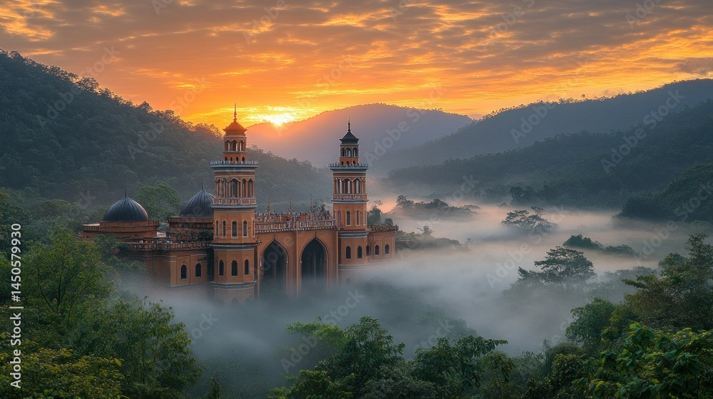 Obraz premium Mosque at sunrise, misty valley