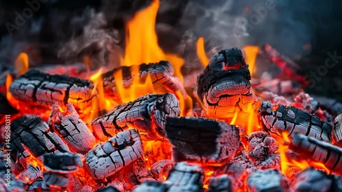 A hot blaze of red and orange flames burns brightly within a rustic wood fireplace, casting a warm light and smoke