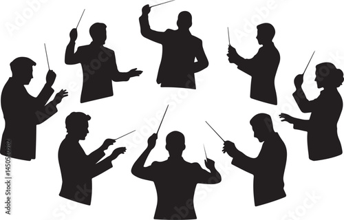 Silhouette Vector of Orchestra Conductors in Various Conducting Poses, Music Director Icons, Classical Performance Gestures Design
