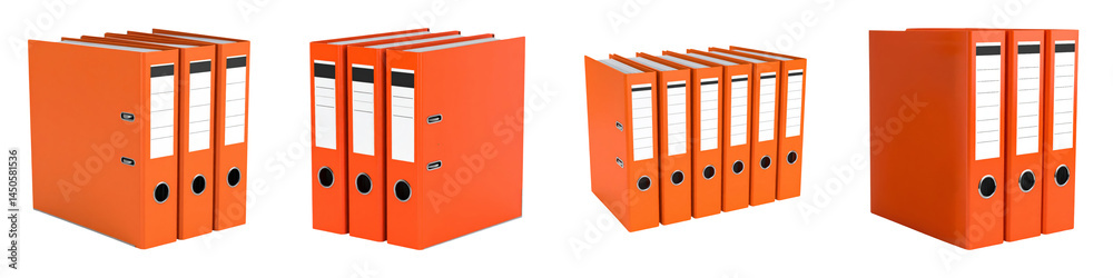 Four sets of orange ring binders arranged in different groups. Four sets of orange ring binders arranged in different groups.