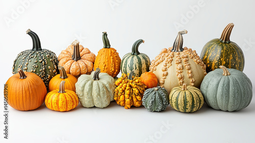 A collection of various pumpkins and gourds in a row on a white background