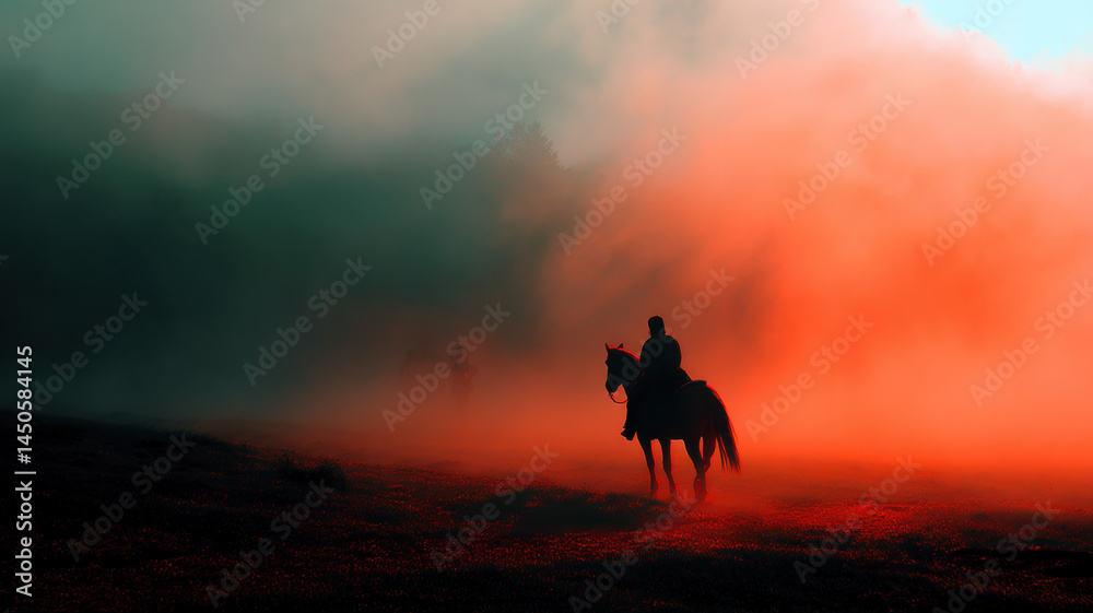 Fototapeta premium Rider on Horse Moving Through Orange Smoke — a detailed and modern 3D-style concept ideal for tech visuals, infographics, marketing materials, and futuristic digital presentations.