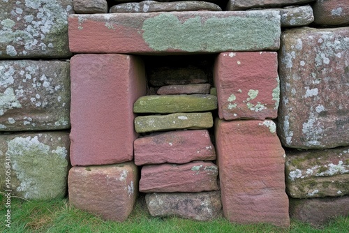 Ancient stone wall section with built-in niche.  Stacked stones, varied colors, and mossy texture