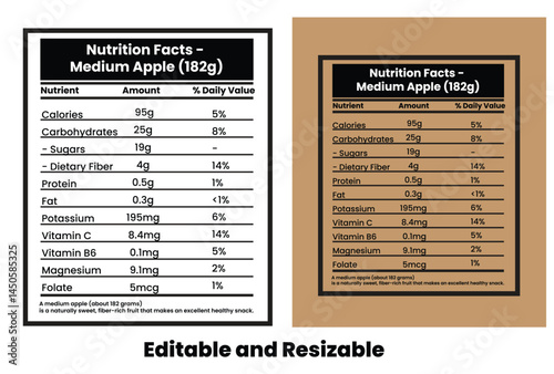 APPLE Nutrition facts database template design with vector, supplement facts, nutrition facts label, nutrition label, nutritional value, healthy food facts, nutrition information panel.