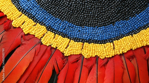 Beaded adornment featuring vibrant feathers and colorful beads