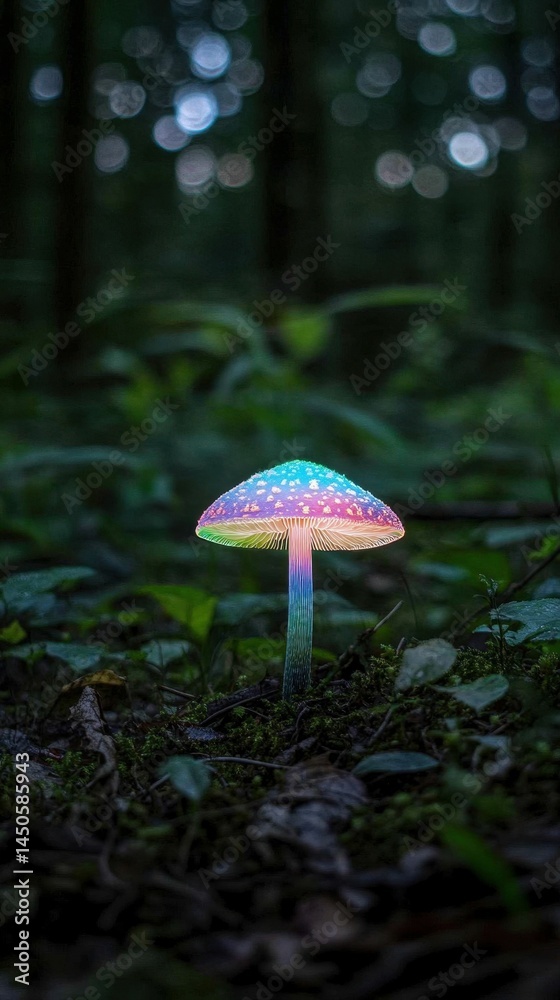 Fototapeta premium Rainbow mushroom glows, forest floor, bokeh background.